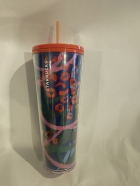 Starbucks Blue Floral Print 24 Oz Tumbler with Lid And Straw